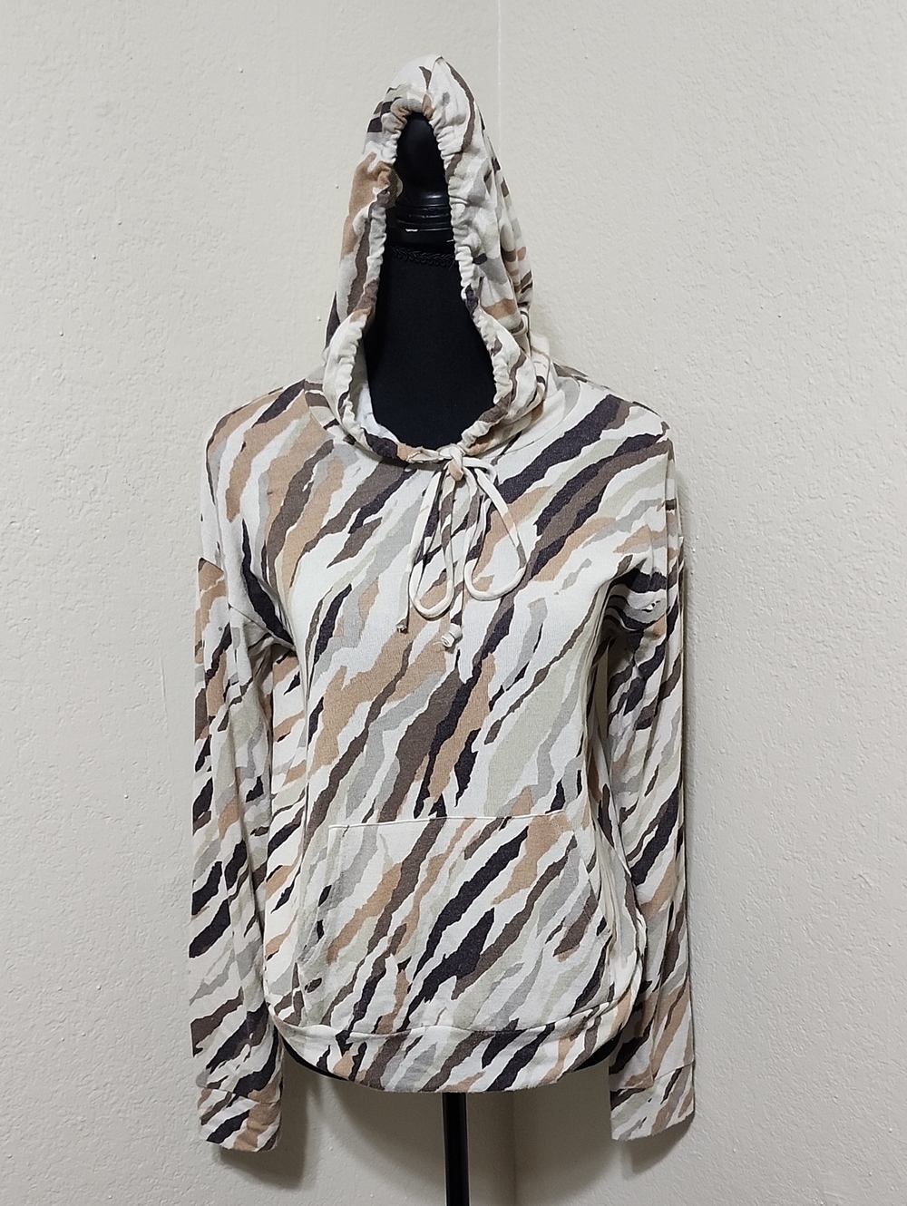 Michael Stars Tan Tiger Stripe Knit Lounge Hoodie Size 40 Excellent Condition